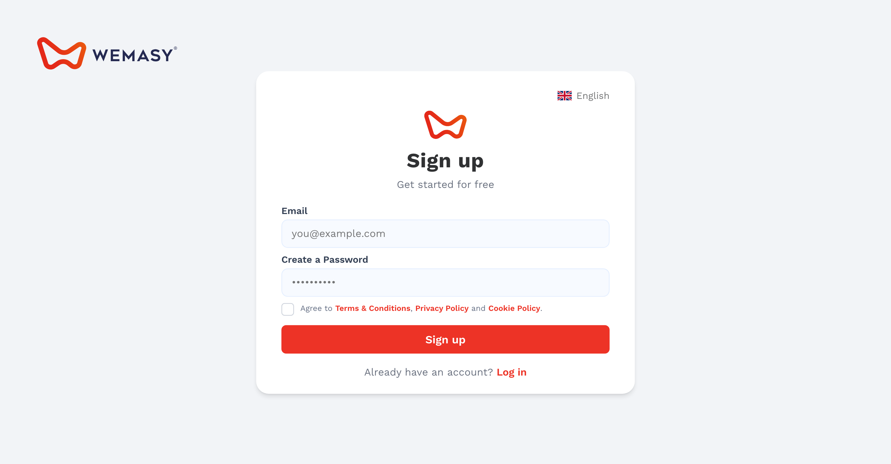 L'écran d'inscription WEMASY avec les champs e-mail et mot de passe