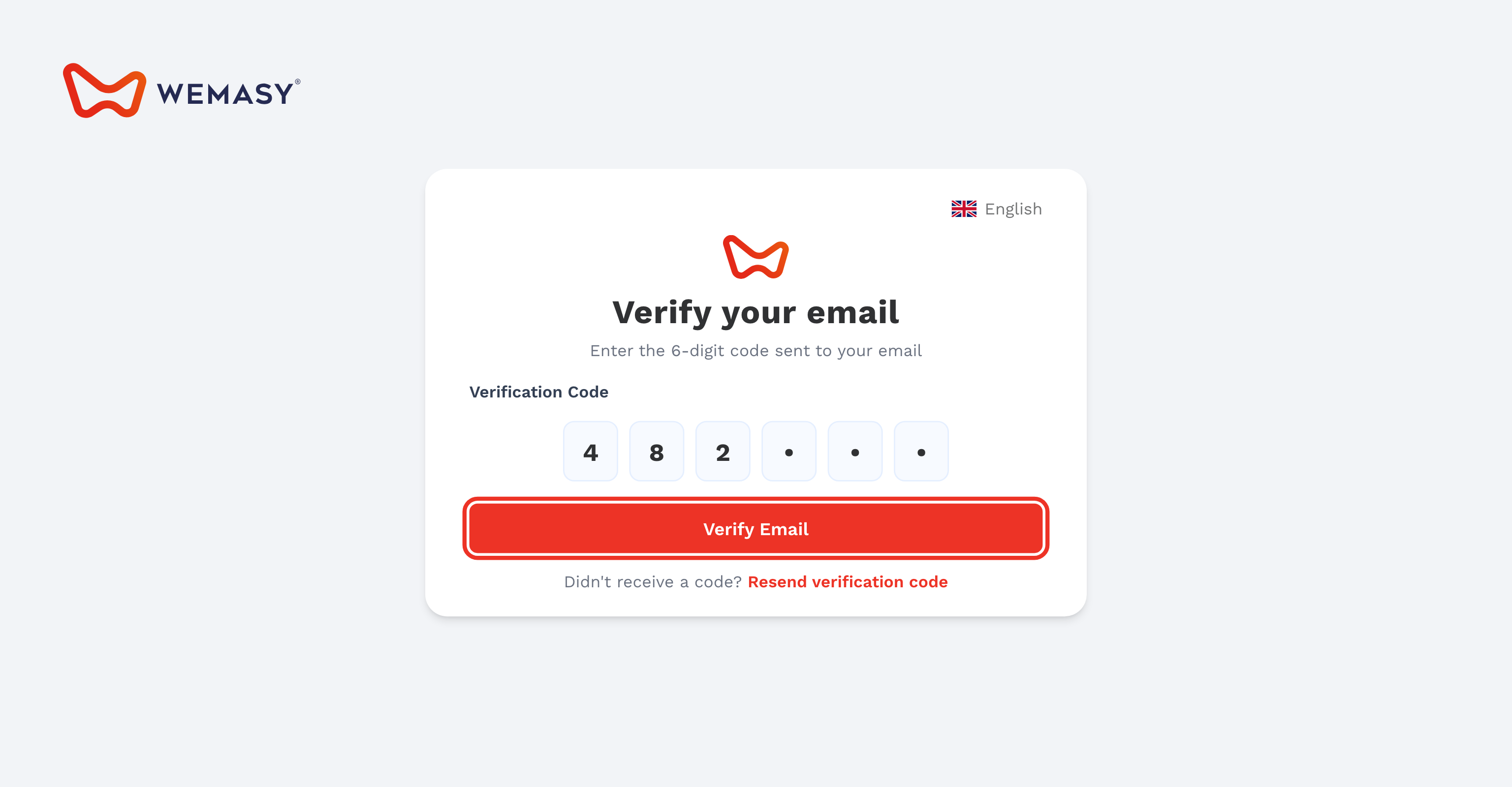 L'écran de vérification de l'e-mail WEMASY