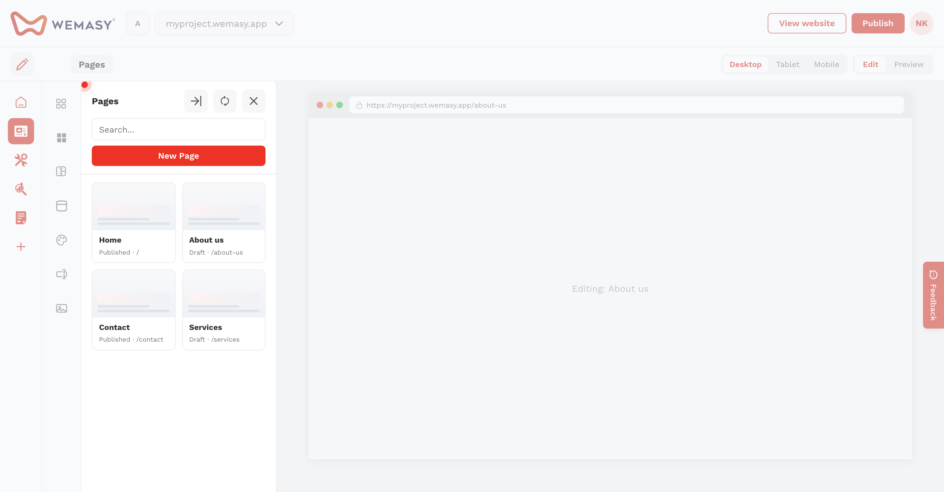 Créateur de site web : ouvrir le panneau Pages