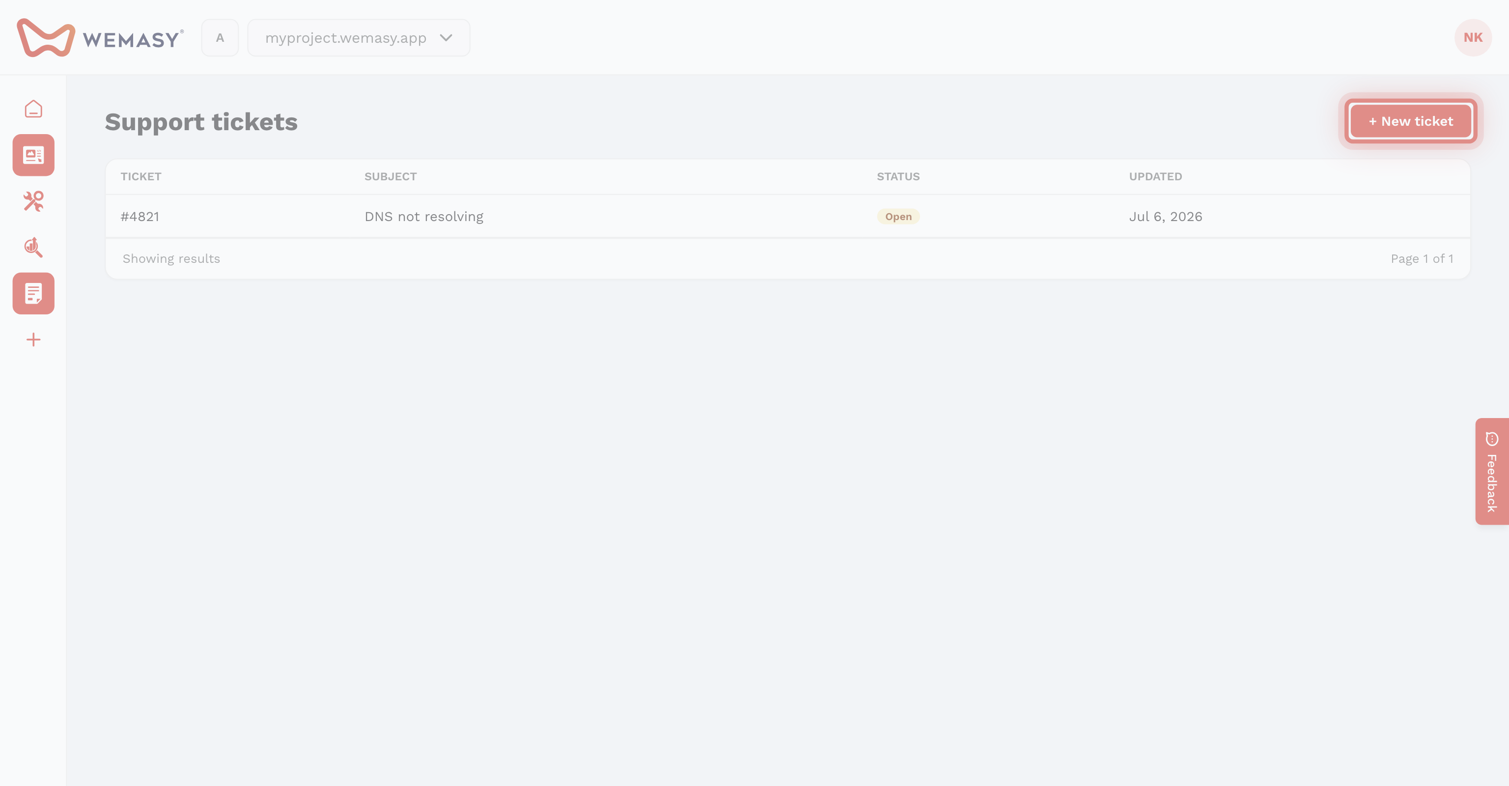 L'écran des tickets de support WEMASY