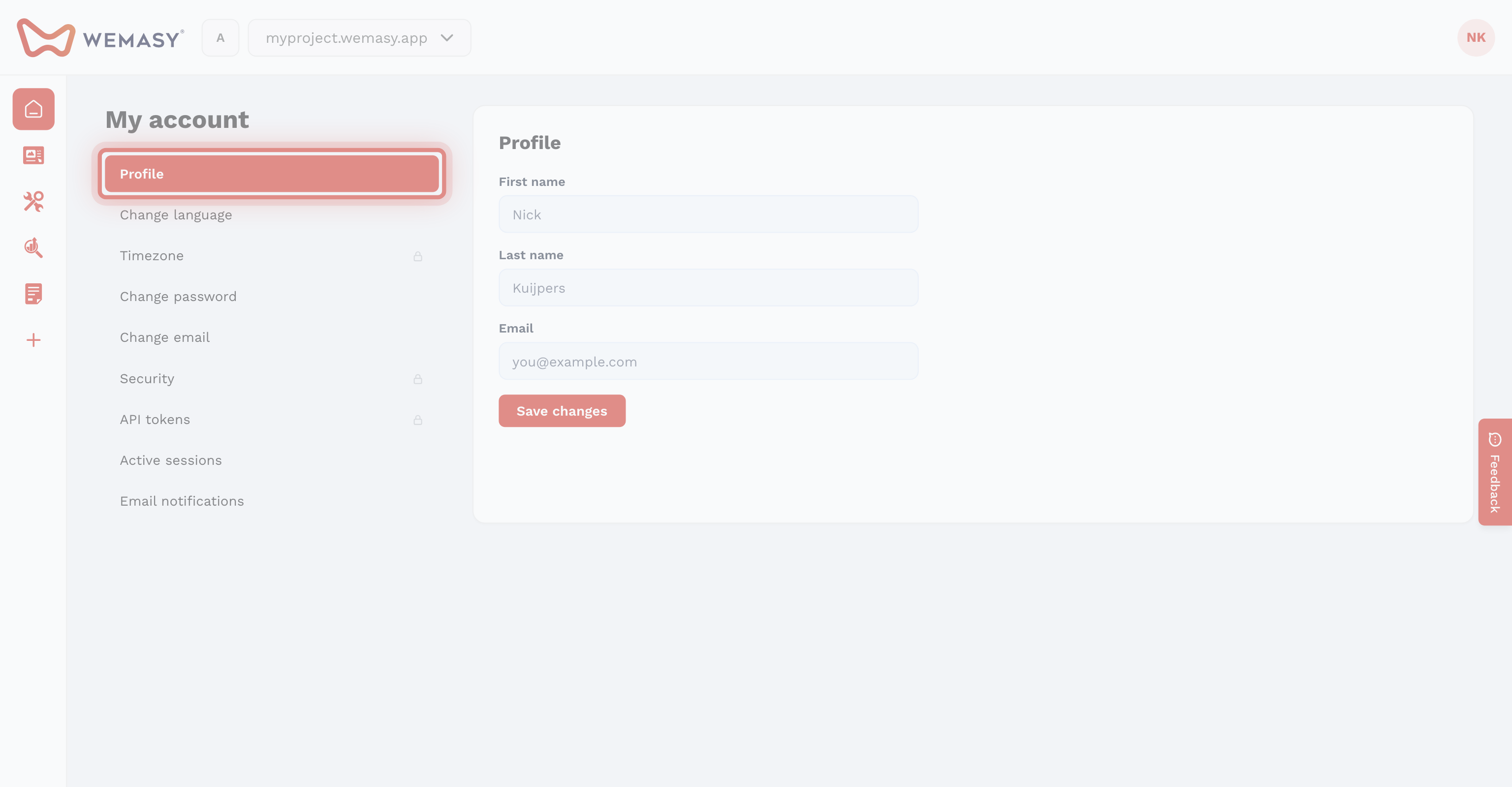L'écran de profil Mon compte de WEMASY