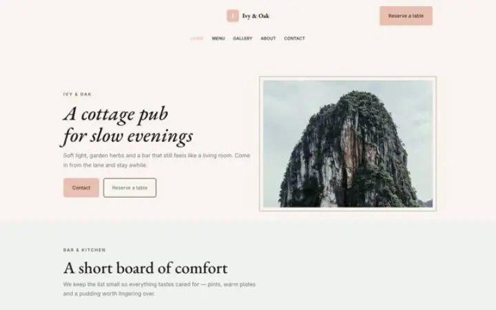 Exemple du thème Ivy & Oak pour pub