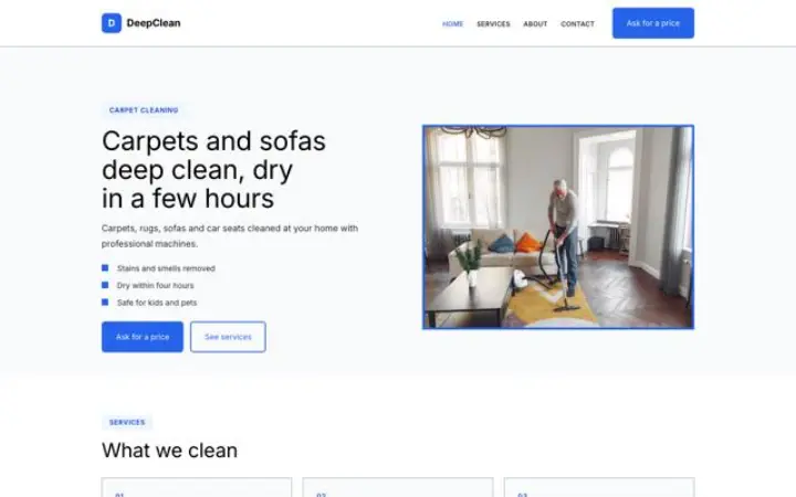 Exemple du thème DeepClean pour nettoyage de moquettes et tissus