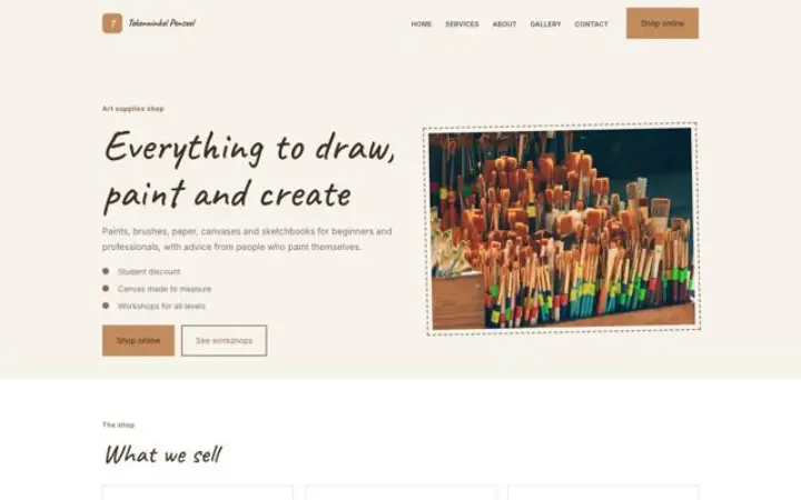 Site web pour magasin de beaux-arts