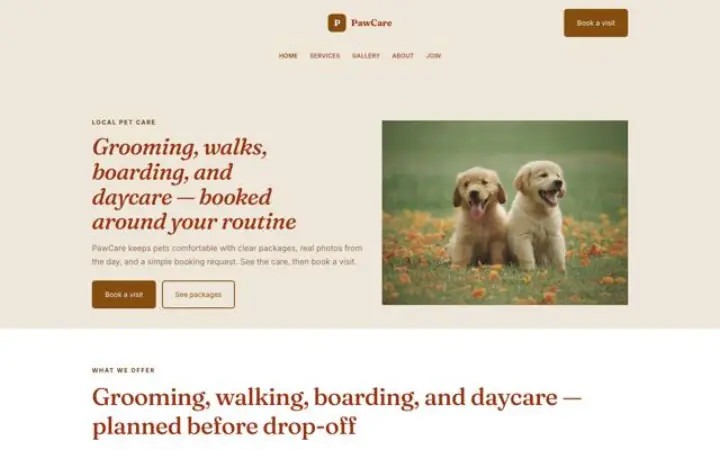 Exemple du thème PawCare pour garde d'animaux