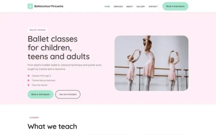 Exemple du thème Balletschool Pirouette pour école de ballet