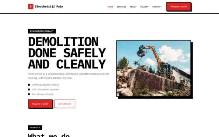 Exemple du thème Sloopbedrijf Puin pour entreprise de démolition
