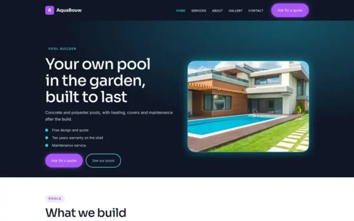 Exemple du thème AquaBouw pour pisciniste
