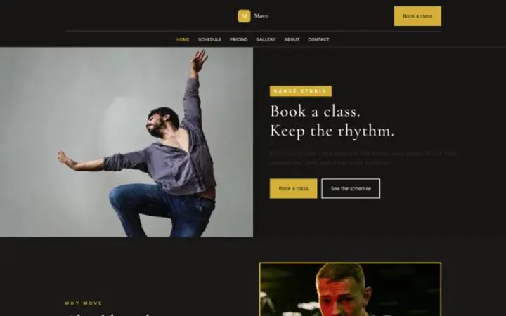 Exemple du thème Move pour studio de danse