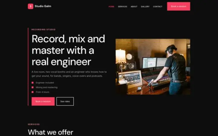 Exemple du thème Studio Galm pour studio d'enregistrement