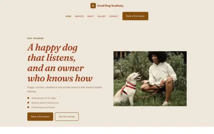 Exemple du thème Good Dog Academy pour éducation canine